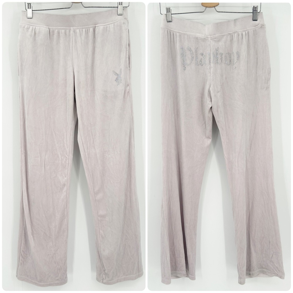 Playboy Velour Track Pants Rhinestone Bling Logo Y2K Lounge Pants Womens Size M